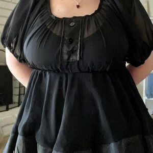 Black Sheer Chiffon Babydoll Top – Puff Sleeve Romantic Blouse